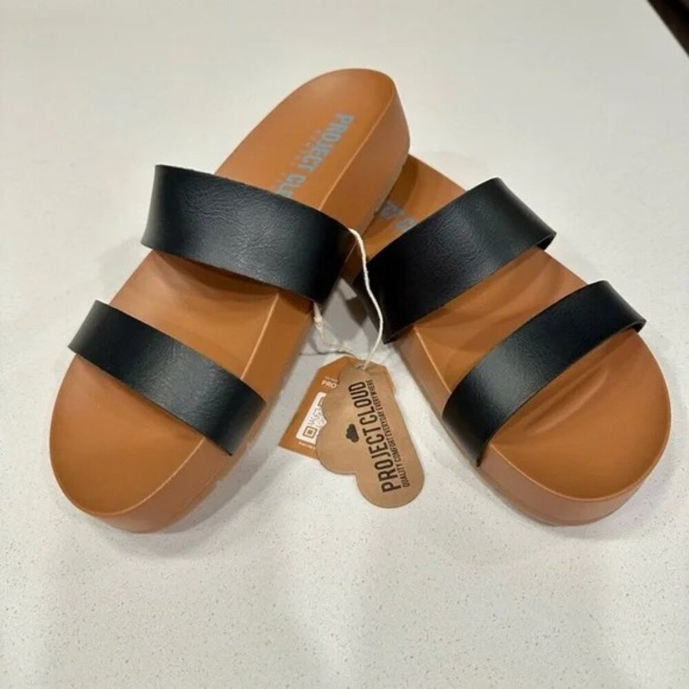 Project Cloud Women's Black and Tan Double-Strap Slide Sandals
